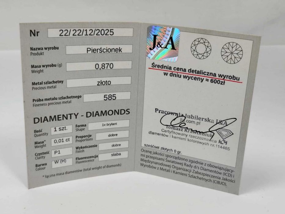 złoty pierścionek diament złoto 585 rozmiar 15 waga 0,87
