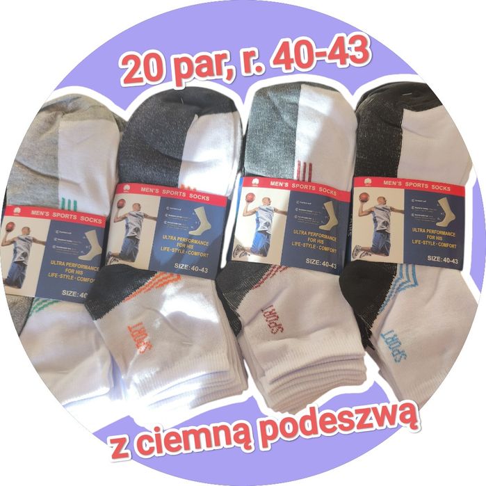 20 par skarpety męskie bawełna rozmiar 40-43, białe z ciemną podeszwą