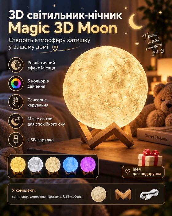 Світильник місяць 3D Нічник Moon Touch Control 15 см