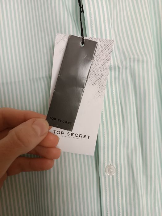 Miętowa bawełniana męska koszula w białe paski 44/45 comfort fit