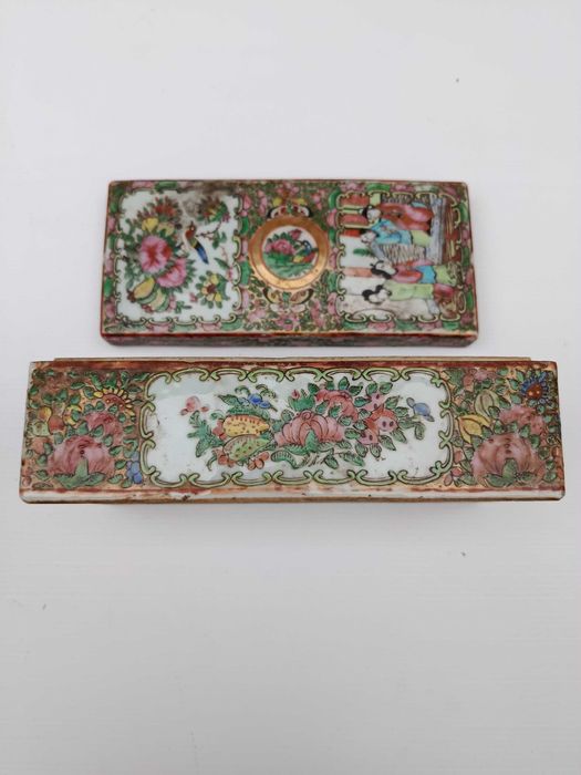 Caixa Canetas Porcelana da China Mandarim Chinesa Séc XIX 21 cm