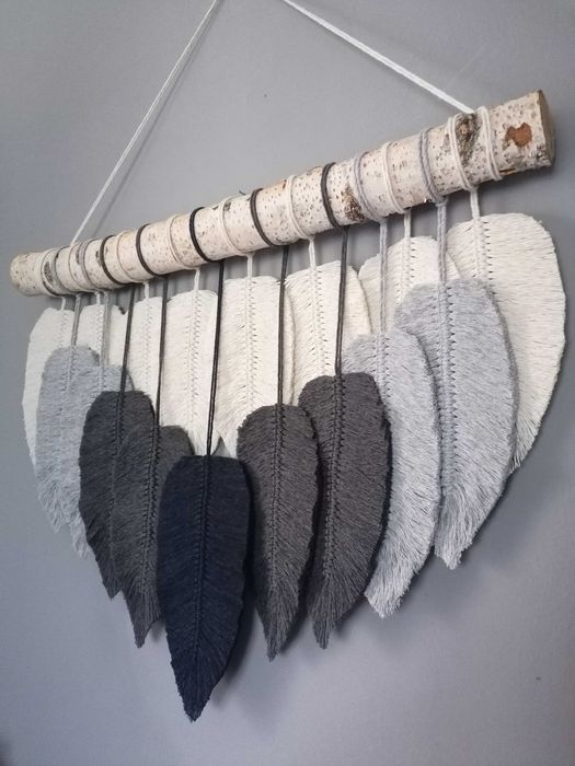 Makrama ścienna listki duże szare piórka BOHO DEKORACJA wnętrz