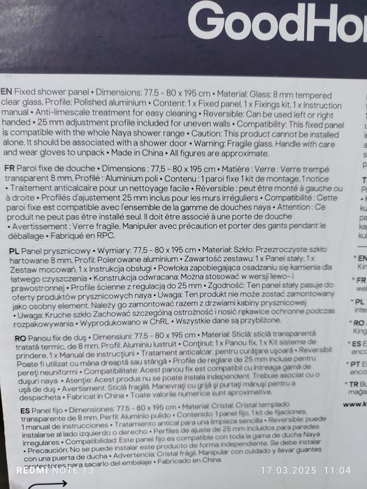 Szklana ściana prysznicowa/panel prysznicowy