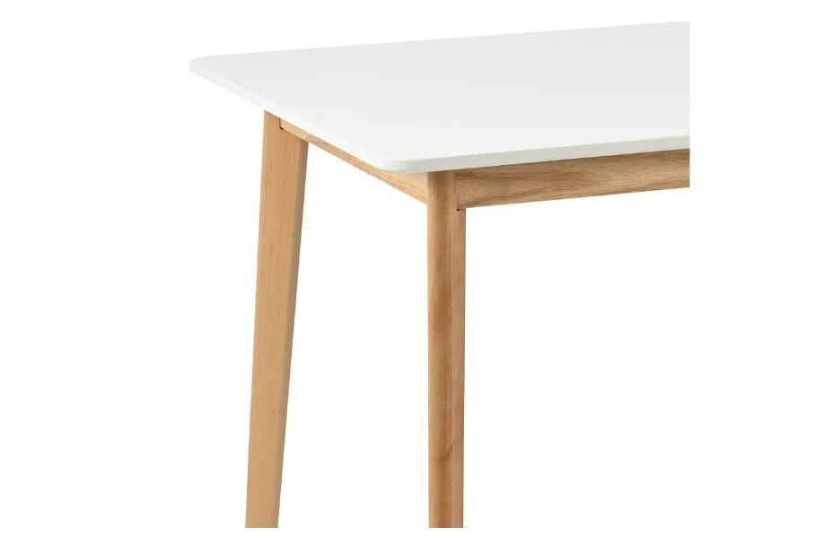 Mesa, tampo branco e pernas de madeira