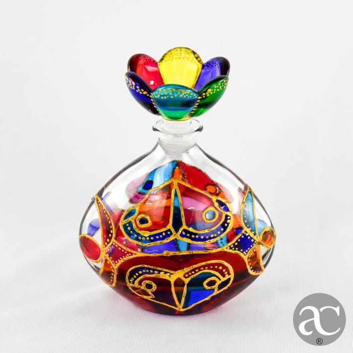 Frasco perfume vidro de Murano, pintado à mão, rolha em forma de flor
