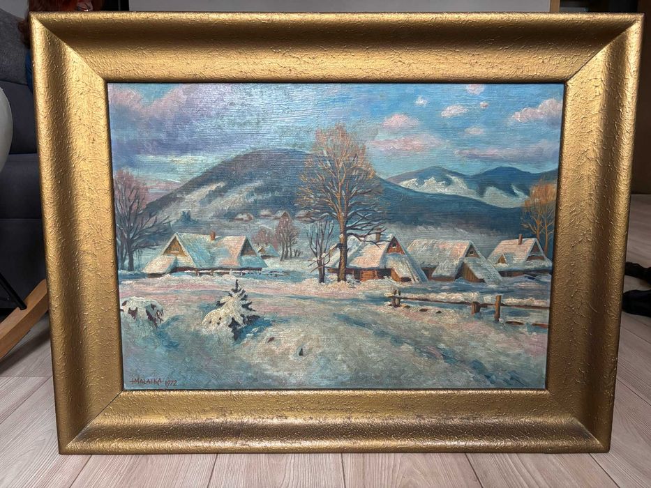 Pejzaż zimowy, olejny - "Zima" Malaika 1972r. 70x50cm