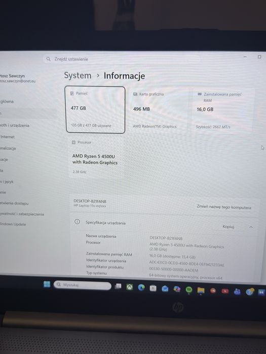 Laptop hp 16 gb ram 512 gb dysk ssd