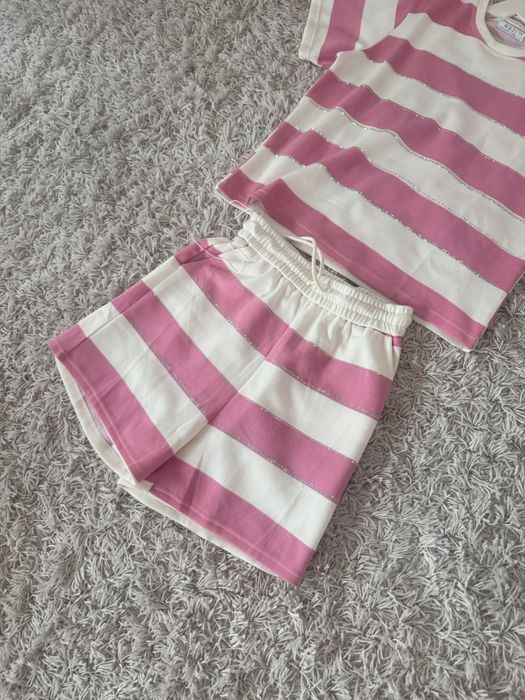 Komplet letni w paski różowo białe pudrowy róż spodenki bluzka krótki Dresowe L XL