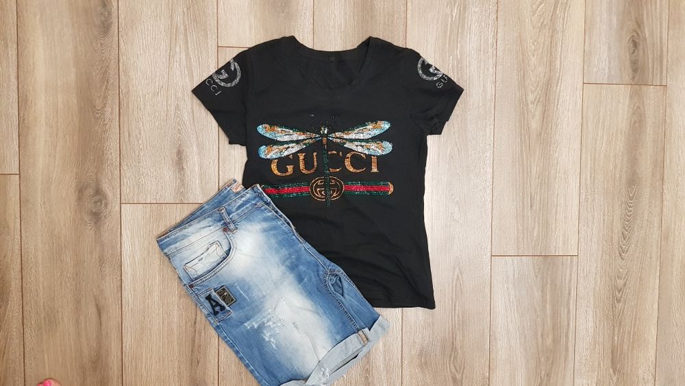 Набор 2в1: стильная красивая черная футболка модная футболочка Gucci и джинсовые шорты шорти джинсові шортики рванка со рванкой для модницы