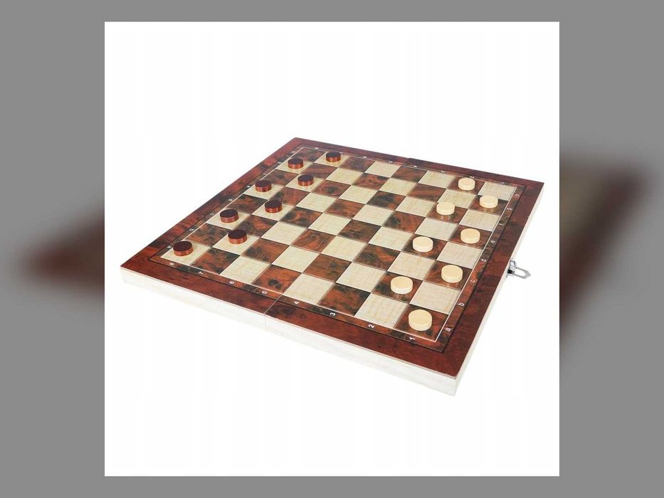 Nowy Zestaw Gier Drewnianych 3w1 Szachy Warcaby Backgammon 34 Cm