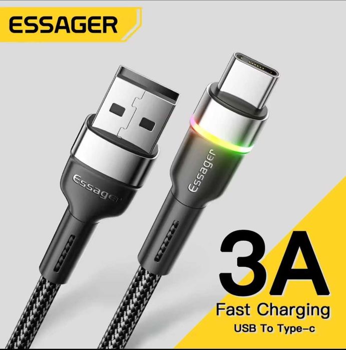 Кабель USB Type-C 2М Essager 3A быстрая зарядка Xiaomi, Samsung, Poco