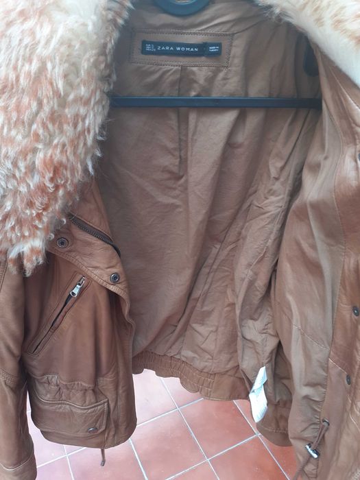 Blusão Castanho Senhora, Pele Artificial - ZARA Women - Tamanho S