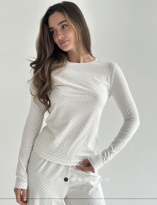 Трикотаж комплект штани та лонгслів горох синій на білому