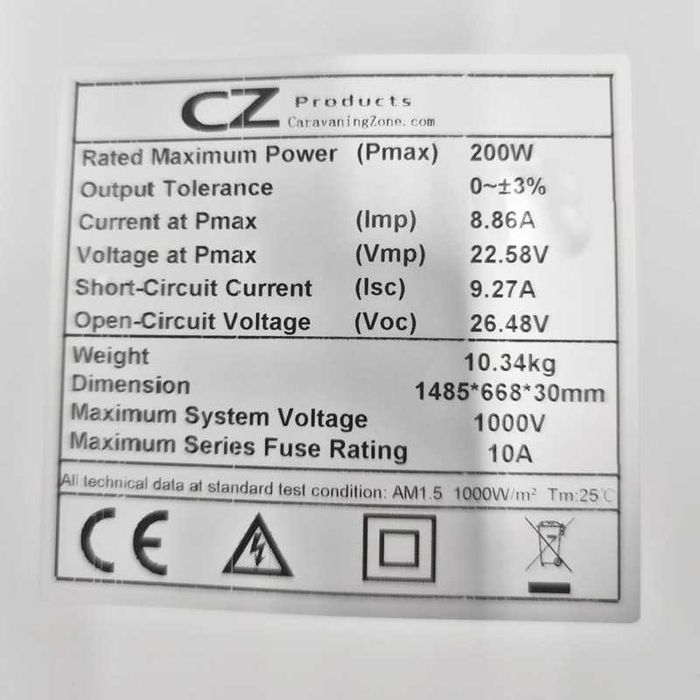 Painel Solar rigido CZ 200W  (1480×670) (Autocaravana / Campervan)