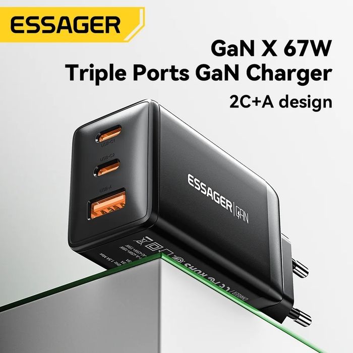 Універсальна зарядка Essager 67Вт GaN 67W зарядний пристрій +кабель 2м