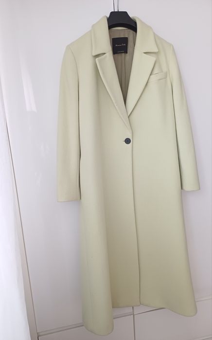 Massimo Dutti wełniany płaszcz pastelowy żółty wełna długi midi guzik