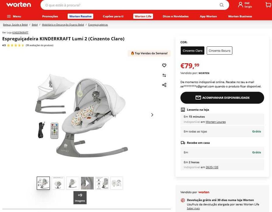 Espreguiçadeira KINDERKRAFT Lumi 2 (Cinzento Claro)