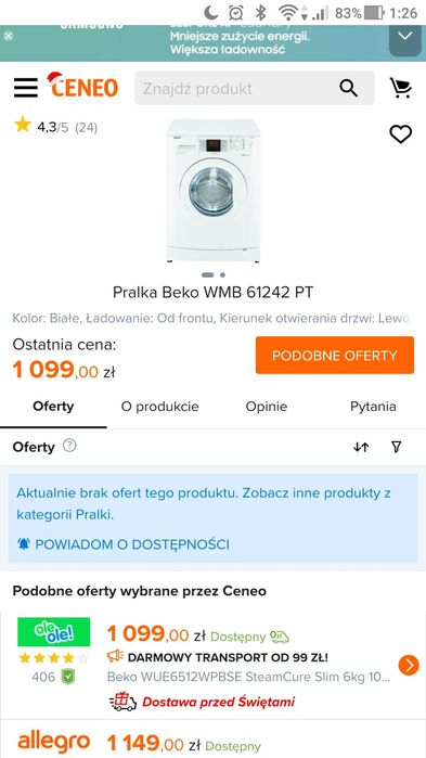 Pralka BEKO WMB 61242 PT