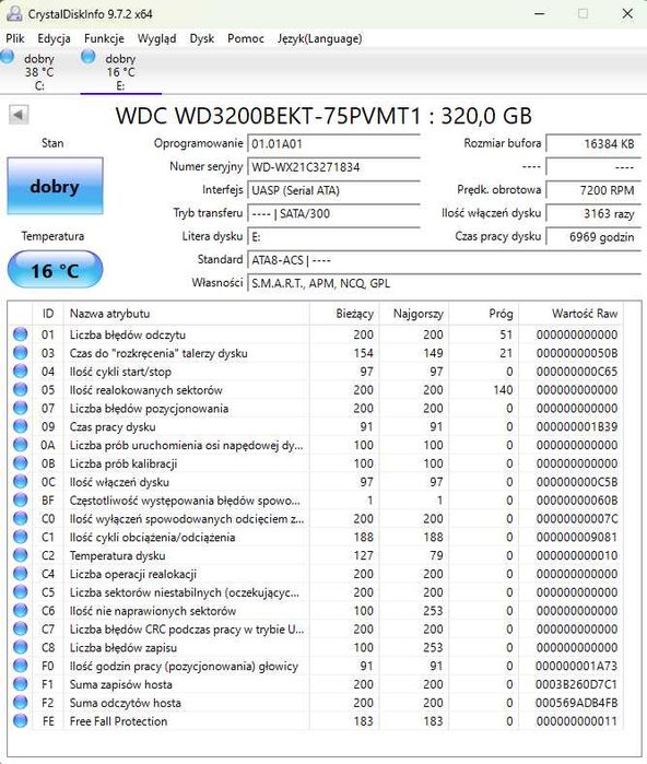 Dysk HDD WD WD320BEKT 320GB Sata GW3m N20