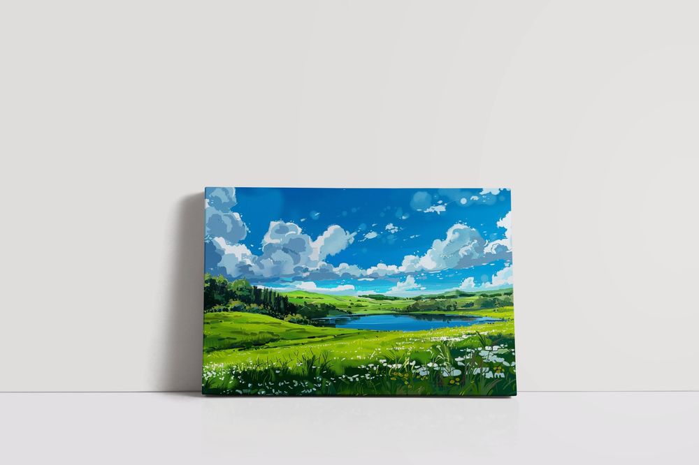 Obraz na płótnie "Łąka nad jeziorem" 80x60 cm - malowniczy krajobraz