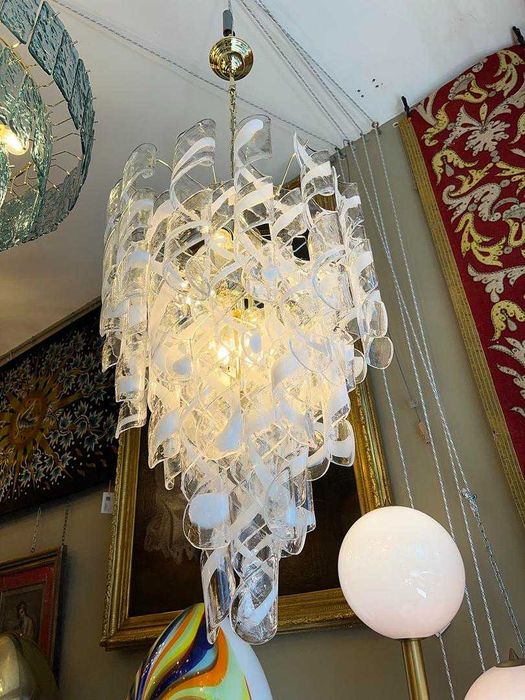 Lustre Espiral Murano 6 Lumes Vidro Torcido e Metal Dourado - Itália