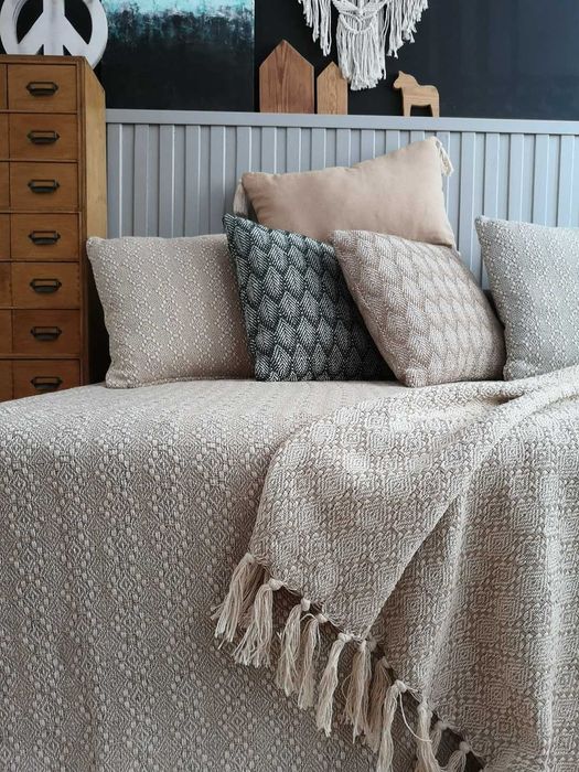 Koc bawełniany Liv 150x200 narzuta boho dwustronna frędzle beżowy ecru