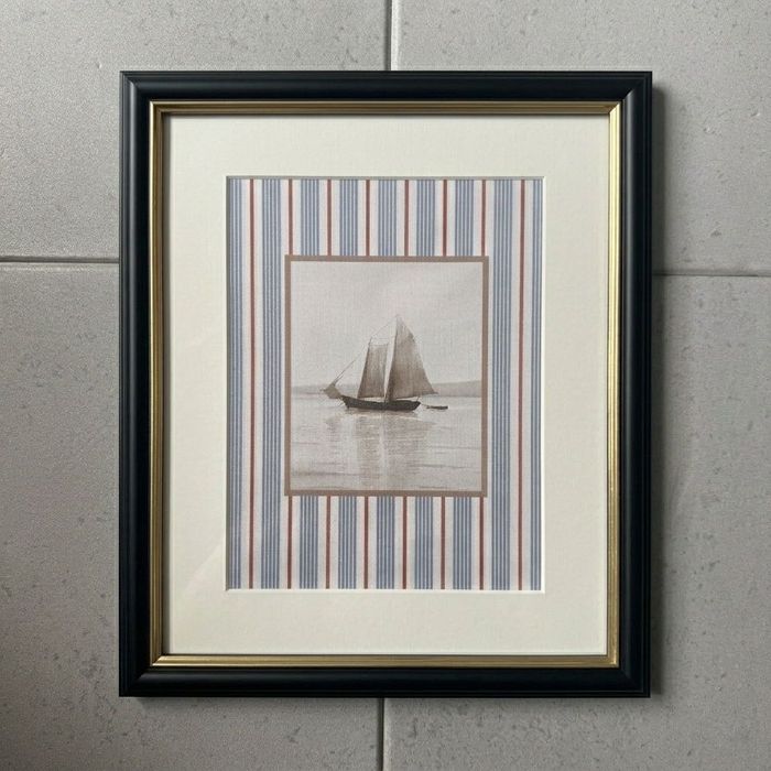 nieoprawiony art print plakat retro Zaglówka pasy styl Coastal / Hamptons 21x30 cm