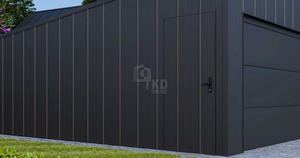 Garaż blaszany 6x6m brama segmentowa drzwi blacha na rąbek dach TKD382