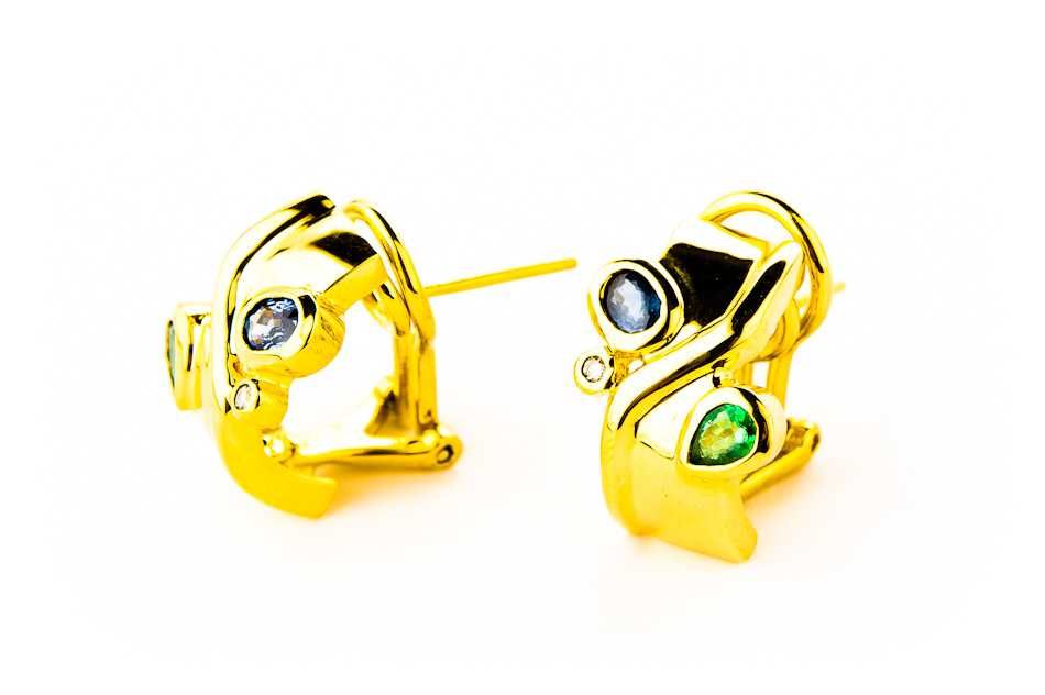 Złote Kolczyki - 14K - 7,75g - SZAFIR - SZMARAGD - DIAMENT - Kraków