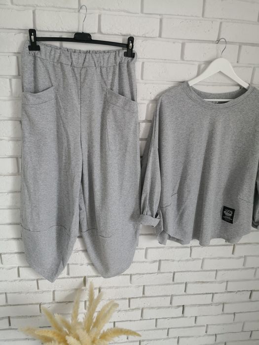 Szary bawełniany komplet dresowy oversize luzny xxl