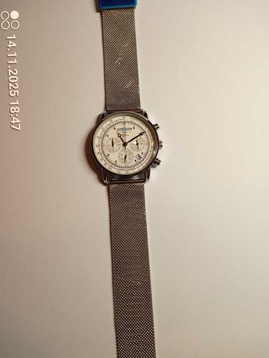 Piękny, stylowy, męski zegarek Zeppelin MOD z białą tarczą, chronograf