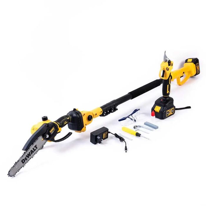 Акумуляторний набір садових інструментів DeWalt 5в1 36V 4Ah — мініпила, секатор, тример, повітродувка та телескопічна штанга 2.5 м, 2 АКБ