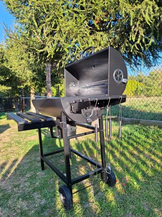 GRILL WĘGLOWY Ogrodowy Beczka z Pokrywą Termometr Duży Ruszt Popielnik