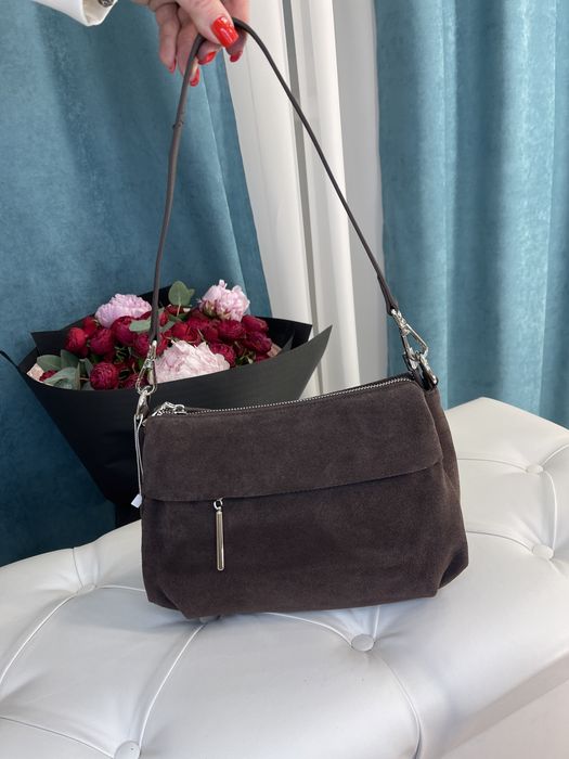 Женская сумка замш через плечо шоколад,черный Жіноча сумка замш