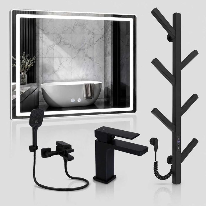 Готовий комплект для ванної кімнати Qtap Gemini Black + рушникосушка Ares + LED дзеркало Mideya 800×700 | Повний набір у чорному стилі