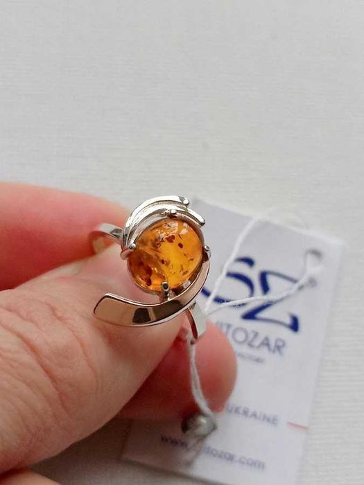 Кільце з янтарем, срібло 925 + золото 375, натуральний бурштин