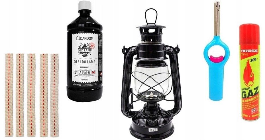 lampa naftowa olej 1l+zapalarka + gaz + knot 5szt.