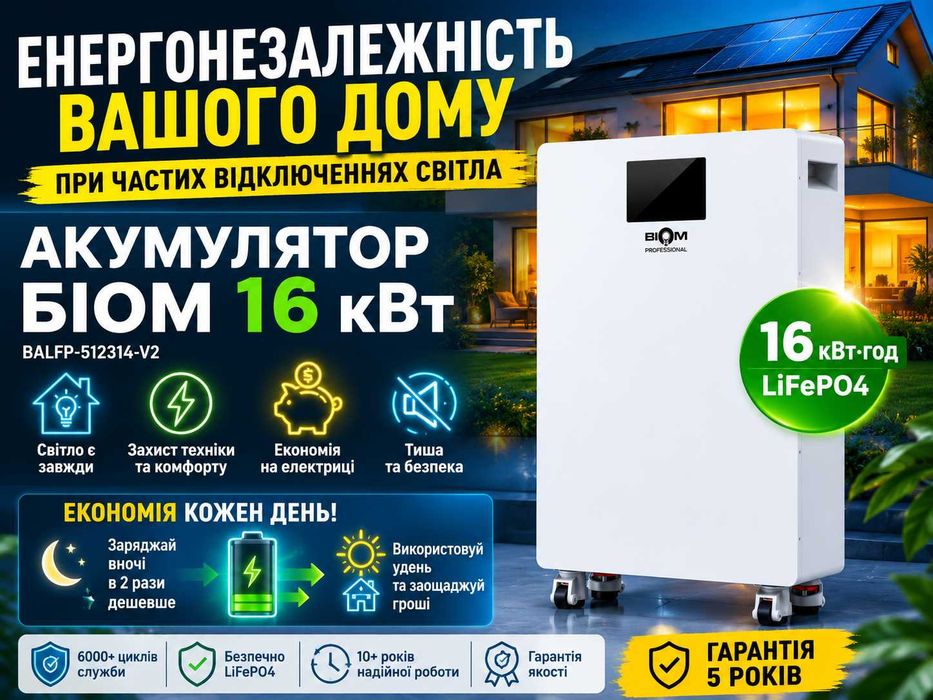 НАЯВНІСТЬ на сьогодні! БІОМ 16кВт - 1920 дол. Акумуляторна батарея Biom Professional 48В (51.2В) BALFP-512314-V2 16кВтч