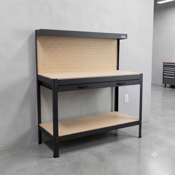 NOWY Stół Warsztatowy Metalowy 115x55 cm z Szufladą Ścianką Narzędziową Hakami Blat Roboczy 100 kg