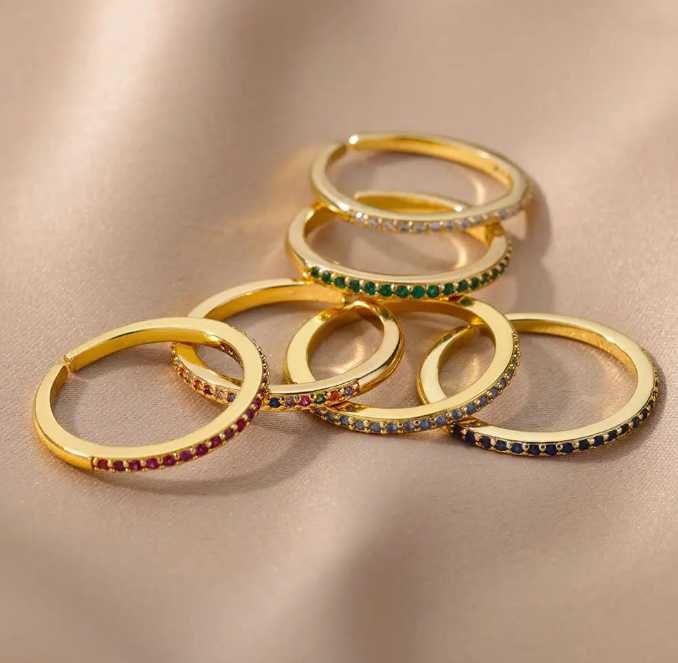 Anéis dourados delicados com pedras coloridas ENVIO GRÁTIS NOVO
