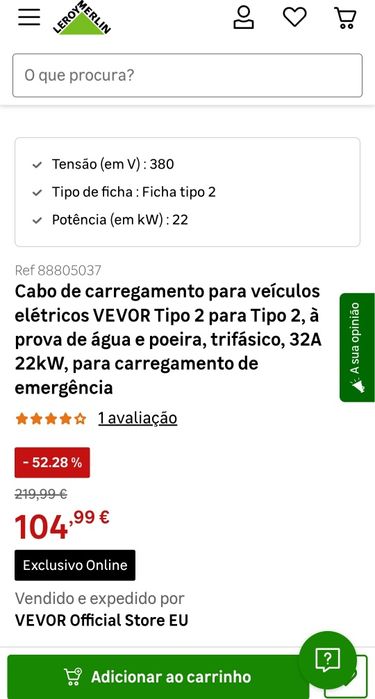 Cabo Trifásico 32A  22Kw