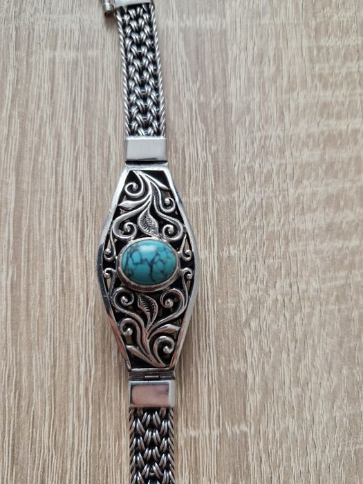 Piękna stara bransoletka srebrna z turkusem