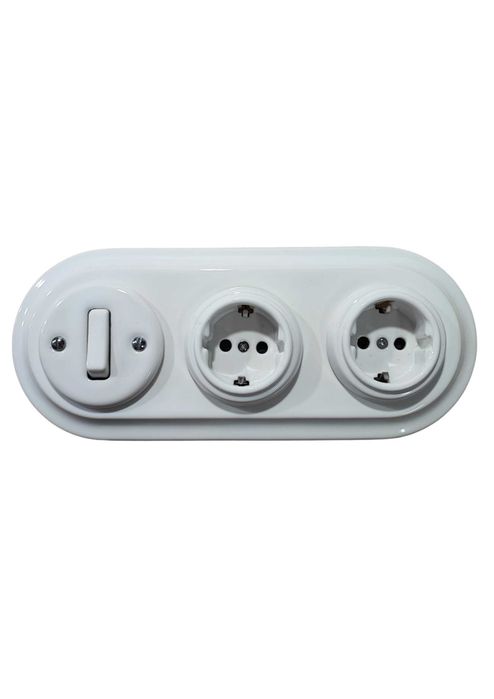 RETRO Ceramic Komplet Biały - Wyłącznik/Gniazdo schuko - 2 szt/Ramka potrójna