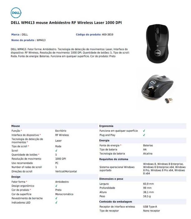 Rato ambidestro Dell WM413 novo