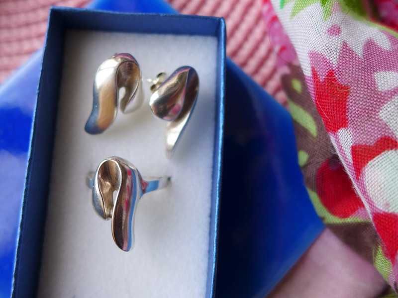 WARMET srebrny komplet polsrebro KOLCZYKI + PIERŚCIONEK vintage prl