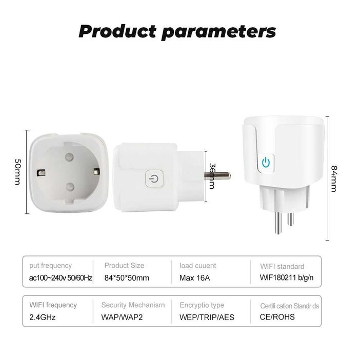 Wi-Fi  розетка, 16A, 3kW, Power Monitor