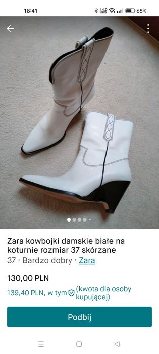 Zara kowbojki damskie białe botki  sztyblety skórzane rozmiar 3