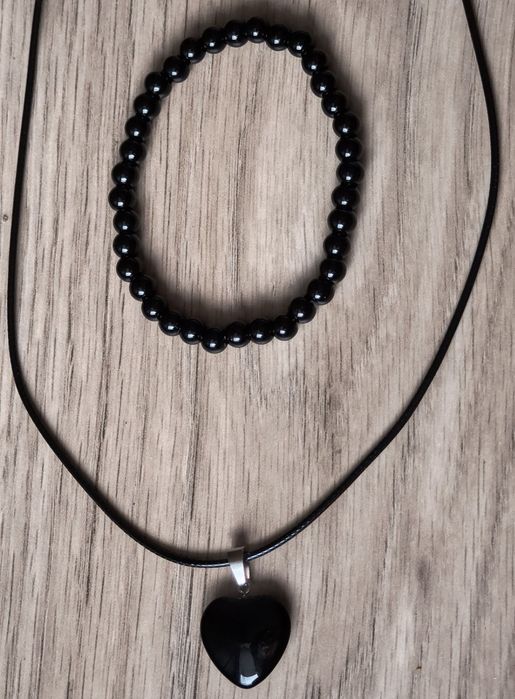 Naszyjnik serce + bransoletka z onyksu czarnego, kamienia naturalnego