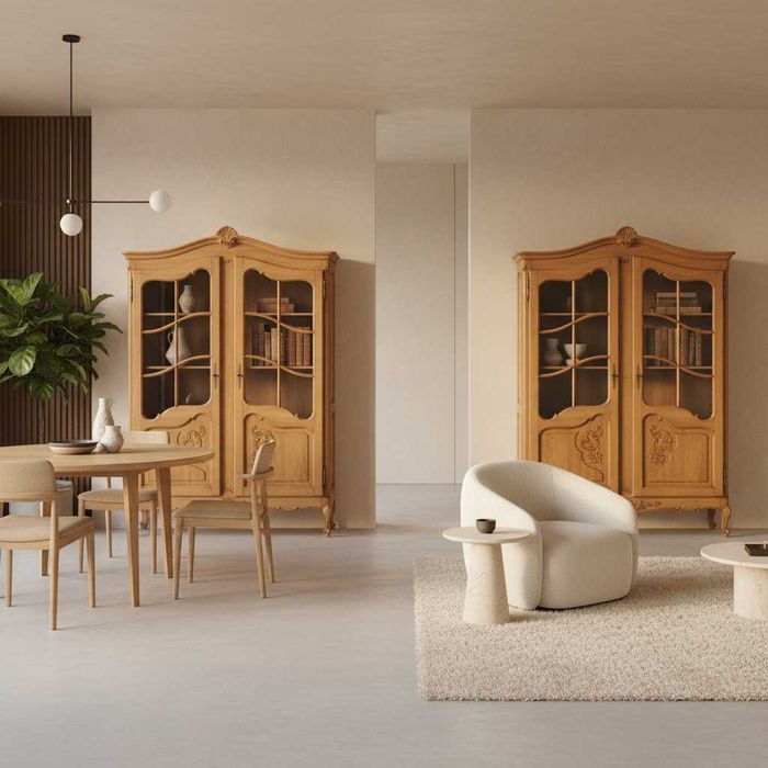 Drewniana WITRYNA DĘBOWA styl francuski Ludwik SOLIDNA gięte nóżki 2s.