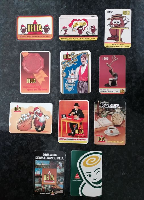 Conjunto de 11 calendários com publicidade da marca de cafés Delta.

A